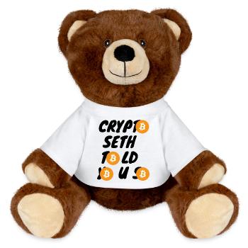 Krypto Crypto Seth told you so BTC Bitcoin - MiniFeet® RecycelBär® Teddy Bear Brown - white - Front