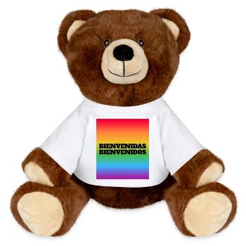 LGBT safe space Spanish - Bienvenidos Bienvenidas  - MiniFeet® RecycelBär® Teddy Bear Brown - white - Front