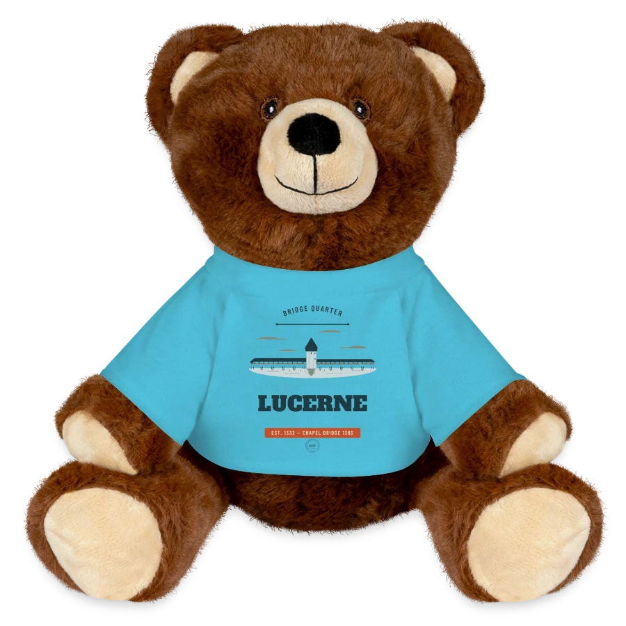 Lucerne badge on a minifeet® recycelbär® teddy bear brown, atoll blue