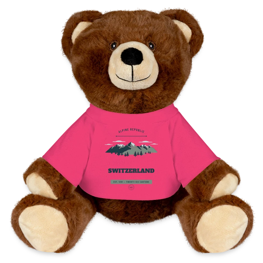 Switzerland badge on a minifeet® recycelbär® teddy bear brown, pink