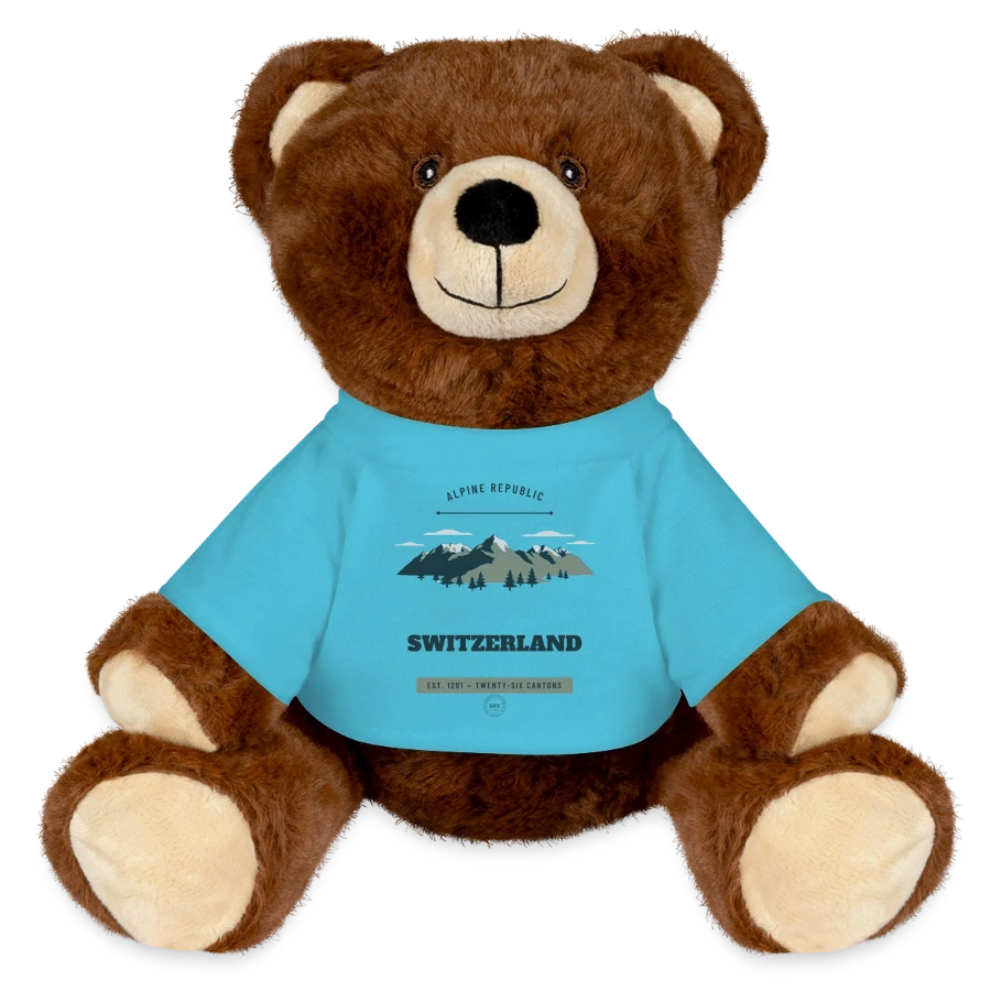Switzerland badge on a minifeet® recycelbär® teddy bear brown, atoll blue