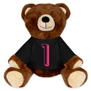 Zahl eins - Nummer 1 pink Mädchen Trikotnummer - MiniFeet® RecycelBär® Braun - Schwarz - Vorne