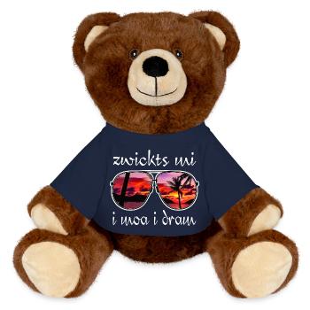 zwickts mi i moa i dram, holiday feeling, dialect - MiniFeet® RecycelBär® Teddy Bear Brown - french navy - Front