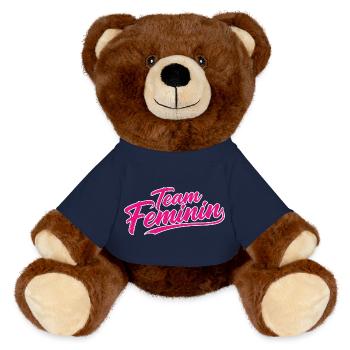 Team Feminin – Pink Girl Power Statement Design - MiniFeet® RecycelBär® Teddy Bear Brown - french navy - Front