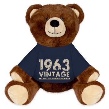 Jahrgang 1963 Bursdag - Unikat - MiniFeet® RecycelBär® Braun - French Navy - Vorne