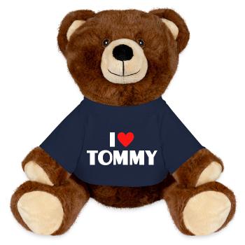 Ich liebe Tommy rotes Herz Retro Statement  - MiniFeet® RecycelBär® Braun - French Navy - Vorne