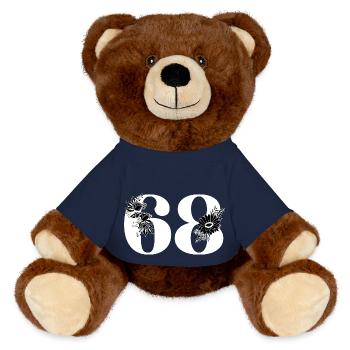 Nummer 68 Schwarze Blumen - 68. Blumengeburtstag - MiniFeet® RecycelBär® Braun - French Navy - Vorne