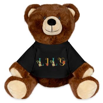 LILY Name Art With Flowers Embroidered - MiniFeet® RecycelBär® Teddy Bear Brown - black - Front