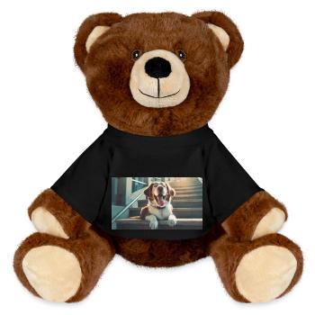 Cute animals chilling – dog on stairs - MiniFeet® RecycelBär® Teddy Bear Brown - black - Front
