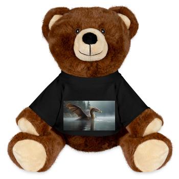 Ein realistischer böser dunkler Drache in einem nebligen Fluss - MiniFeet® RecycelBär® Braun - Schwarz - Vorne