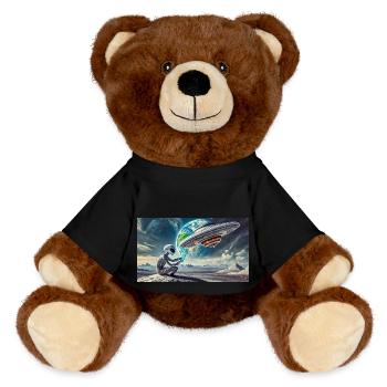 extraterrestre gris sur la surface de la lune - pilotant un OVNI. - Nounours RecycelBär® marron - noir - Devant