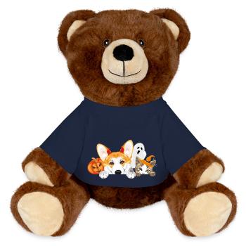 Spähender Corgi und Katze mit Halloween-Accessoires - MiniFeet® RecycelBär® Braun - French Navy - Vorne