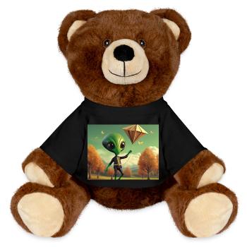 niedlich klein grün retro vintage alien fliegen einen drachen fliegen - MiniFeet® RecycelBär® Braun - Schwarz - Vorne