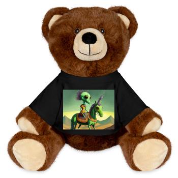 cute little green retro alien riding a horse - MiniFeet® RecycelBär® Teddy Bear Brown - black - Front
