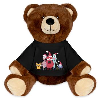 fröhliche bunte Monster Familie feiert Weihnachten - MiniFeet® RecycelBär® Braun - Schwarz - Vorne
