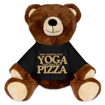 Yoga oder Pizza Lustiger Retro Spruch Design - MiniFeet® RecycelBär® Braun - Schwarz - Vorne