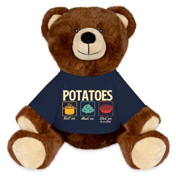 Kartoffeln kochen Püree Eintopf Thanksgiving Zitat - MiniFeet® RecycelBär® Braun - French Navy - Vorne
