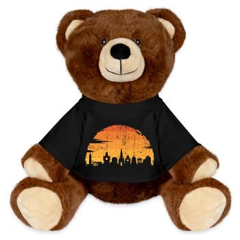 Goldener Sonnenuntergang Stadtbild Silhouette - MiniFeet® RecycelBär® Braun - Schwarz - Vorne