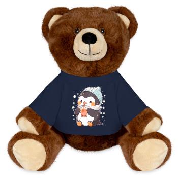 Kawaii Pinguin trinkt Boba Bubble Tea Chibi - MiniFeet® RecycelBär® Braun - French Navy - Vorne