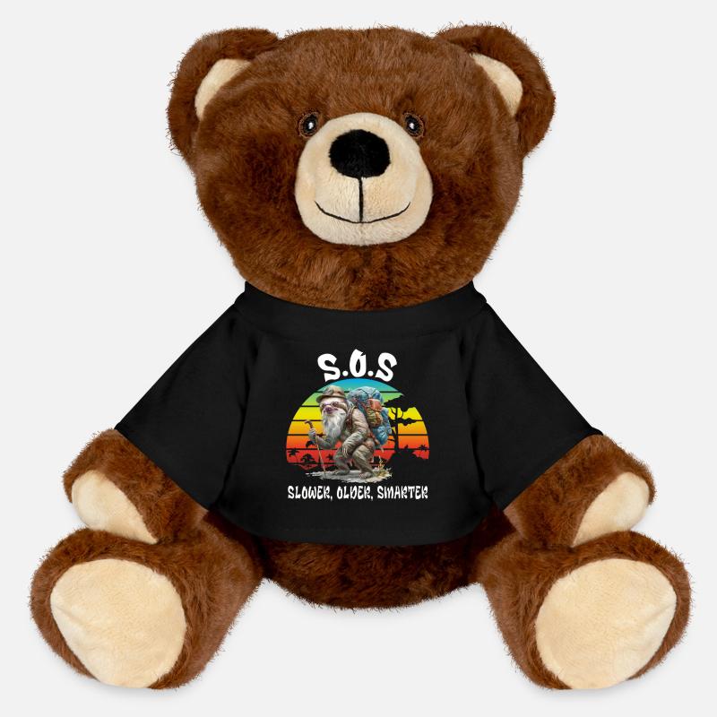 S.O.S Slower Older Smarter. Hiking, Sloth, - MiniFeet® RecycelBär® Teddy Bear Brown - black