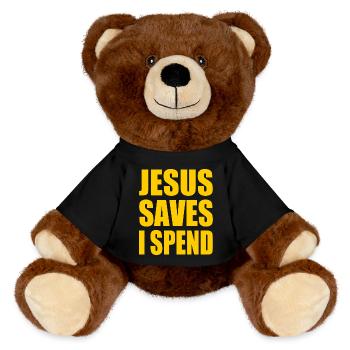 jesus saves i spend - MiniFeet® RecycelBär® Braun - Schwarz - Vorne
