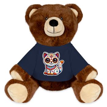 Cute Mexican Sugar Skull Cat in Halloween costume - MiniFeet® RecycelBär® Teddy Bear Brown - french navy - Front