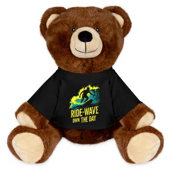 Surfer Ride the Wave – Own the Day Saying - MiniFeet® RecycelBär® Teddy Bear Brown - black - Front