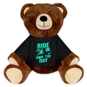 Surfer Ride the Wave – Own the Day Saying - MiniFeet® RecycelBär® Teddy Bear Brown - black - Front