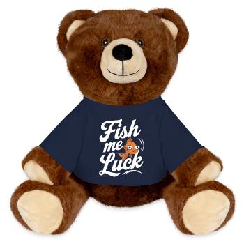 Fish Me Luck Fun Fishing Motif - MiniFeet® RecycelBär® Teddy Bear Brown - french navy - Front