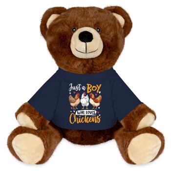 Boy loves chickens – funny motif - MiniFeet® RecycelBär® Teddy Bear Brown - french navy - Front
