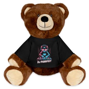 DJ Purrfect cat with headphones on turntable - MiniFeet® RecycelBär® Teddy Bear Brown - black - Front