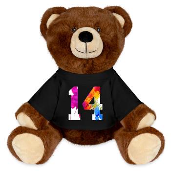 NUMMER 14 JAHRE ALT 14. GEBURTSTAG - MiniFeet® RecycelBär® Braun - Schwarz - Vorne
