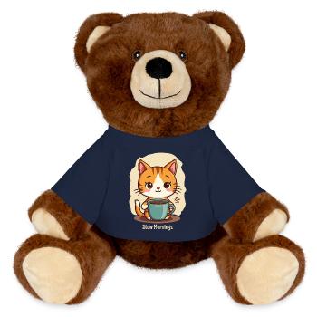 Chat lent du matin avec café - Nounours RecycelBär® marron - bleu marine - Devant