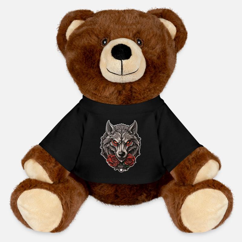 Gothic Wolf Roses Illustration - Mystical Wildlife - MiniFeet® RecycelBär® Teddy Bear Brown - black