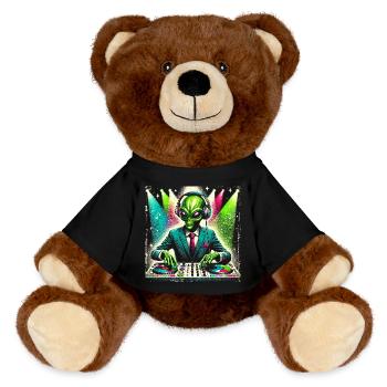 DJ extraterrestre élégant - Conception de vibrations de fête galactique - Nounours RecycelBär® marron - noir - Devant