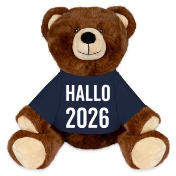 Bonjour 2026 : Police futuriste en grand caractère - Nounours RecycelBär® marron - bleu marine - Devant