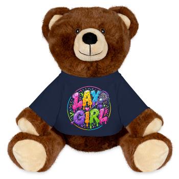 Lax Girl: Neon Style Lacrosse - MiniFeet® RecycelBär® Teddy Bear Brown - french navy - Front
