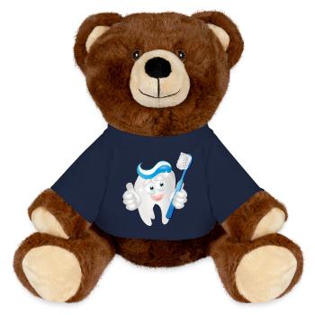 Dent blanche rayonnante avec du dentifrice en bande dessinée - Nounours RecycelBär® marron - bleu marine - Devant