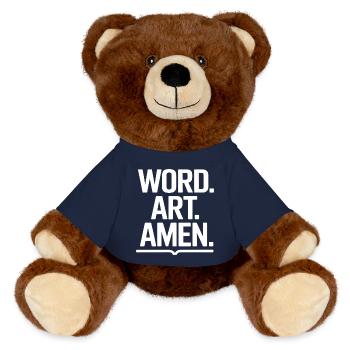 Wortkunst Amen-Typografie - MiniFeet® RecycelBär® Braun - French Navy - Vorne