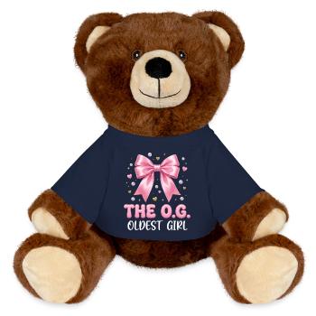 La fille la plus âgée : design familial de nœud rose - Nounours RecycelBär® marron - bleu marine - Devant