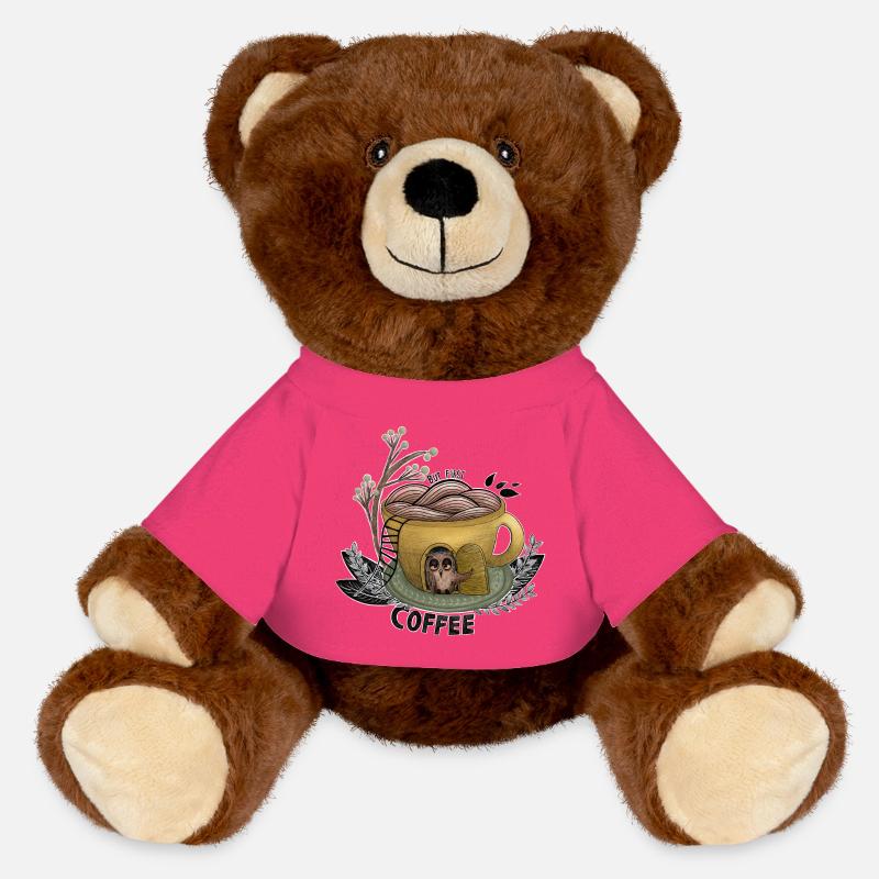 But First Coffee Owl - MiniFeet® RecycelBär® Teddy Bear Brown - pink
