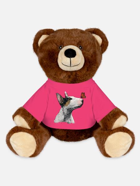 Neugieriger Bullterrier mit Schmetterling - MiniFeet® RecycelBär® Braun - Pink