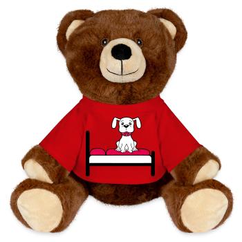 Hund Auf Bett Entspannt Schlafen Schlafzimmer Süß - MiniFeet® RecycelBär® Braun - Rot - Vorne