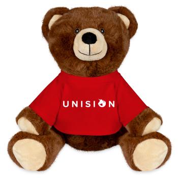 Unision Logo schrift weiss - MiniFeet® RecycelBär® Braun - Rot - Vorne
