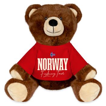 Norwegen Angeltour Fischen Angeln Angler - MiniFeet® RecycelBär® Braun - Rot - Vorne