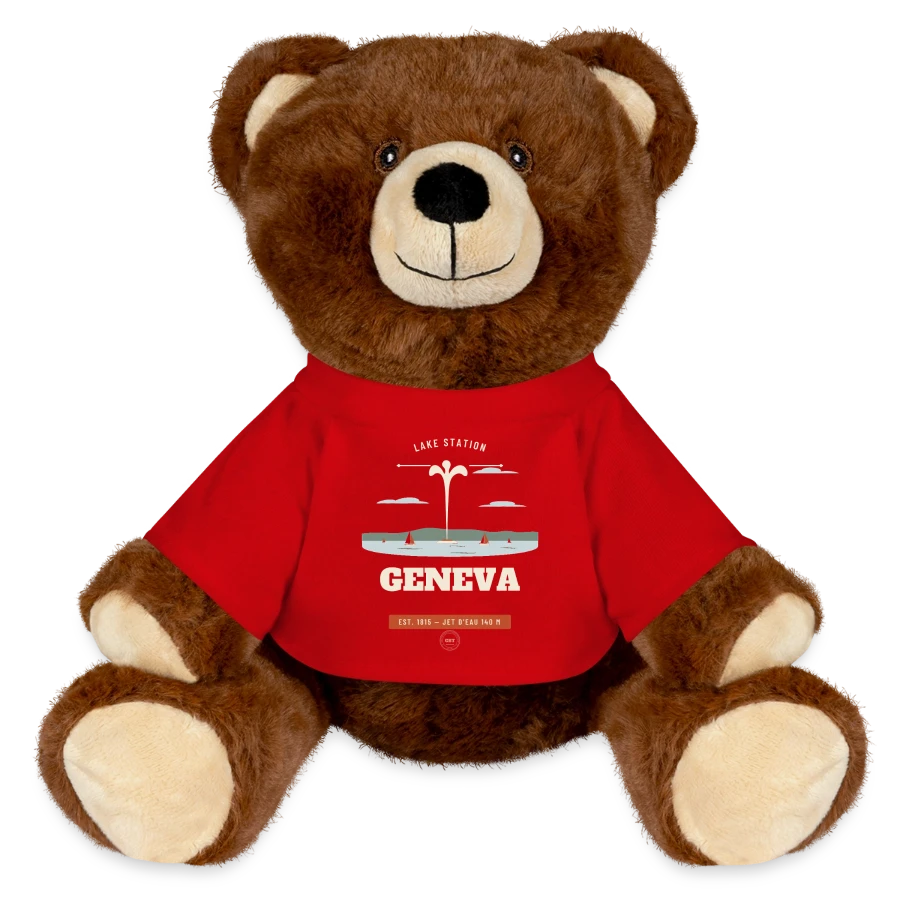 Geneva badge on a minifeet® recycelbär® teddy bear brown, red