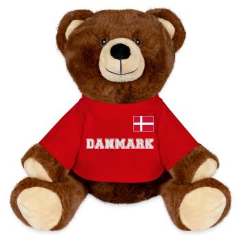 Dänemark Trikot Look – DANMARK mit Fahne Flagge - MiniFeet® RecycelBär® Braun - Rot - Vorne