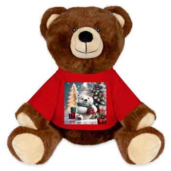 Niedlicher flauschiger Weihnachts-Eisbär mit Geschenk. - MiniFeet® RecycelBär® Braun - Rot - Vorne