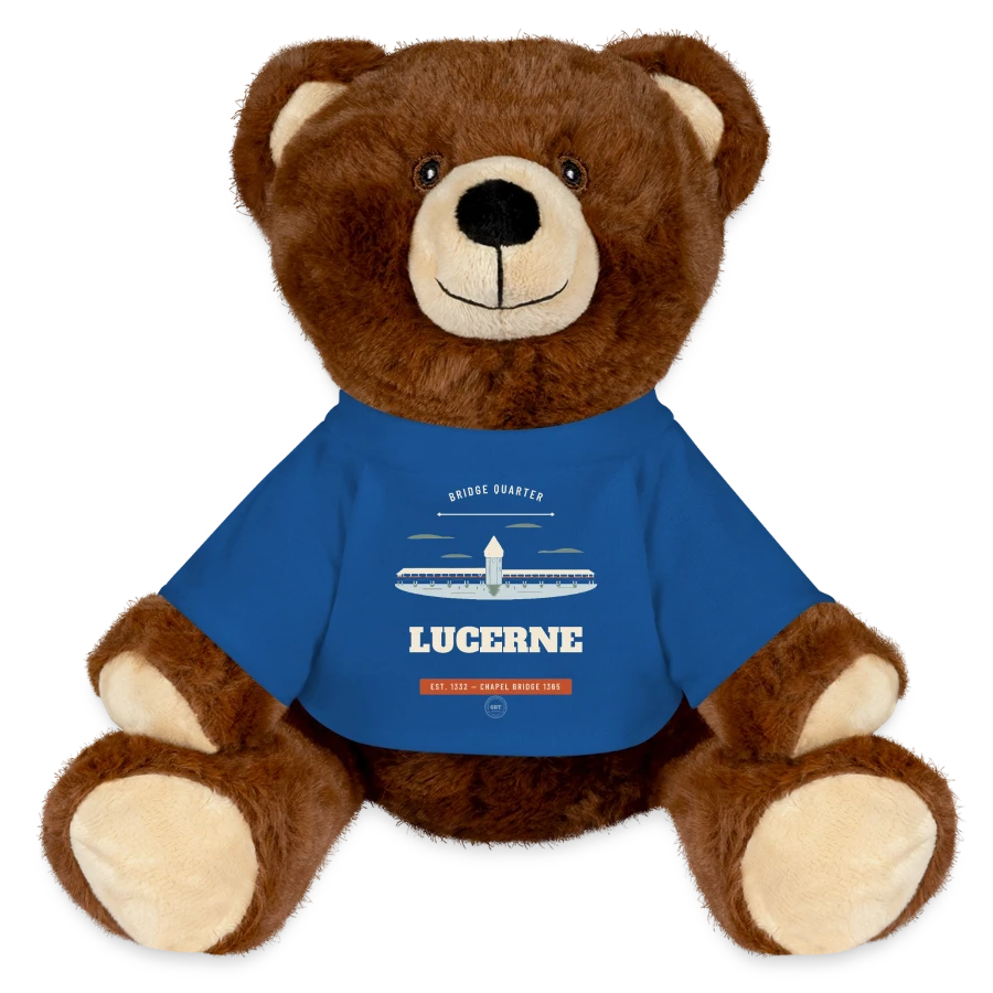 Lucerne badge on a minifeet® recycelbär® teddy bear brown, royal blue
