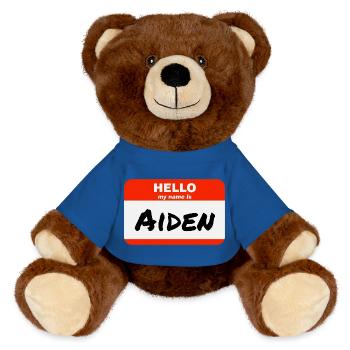 Hello My Name Is Aiden Etikett Namensschild - MiniFeet® RecycelBär® Braun - Königsblau - Vorne